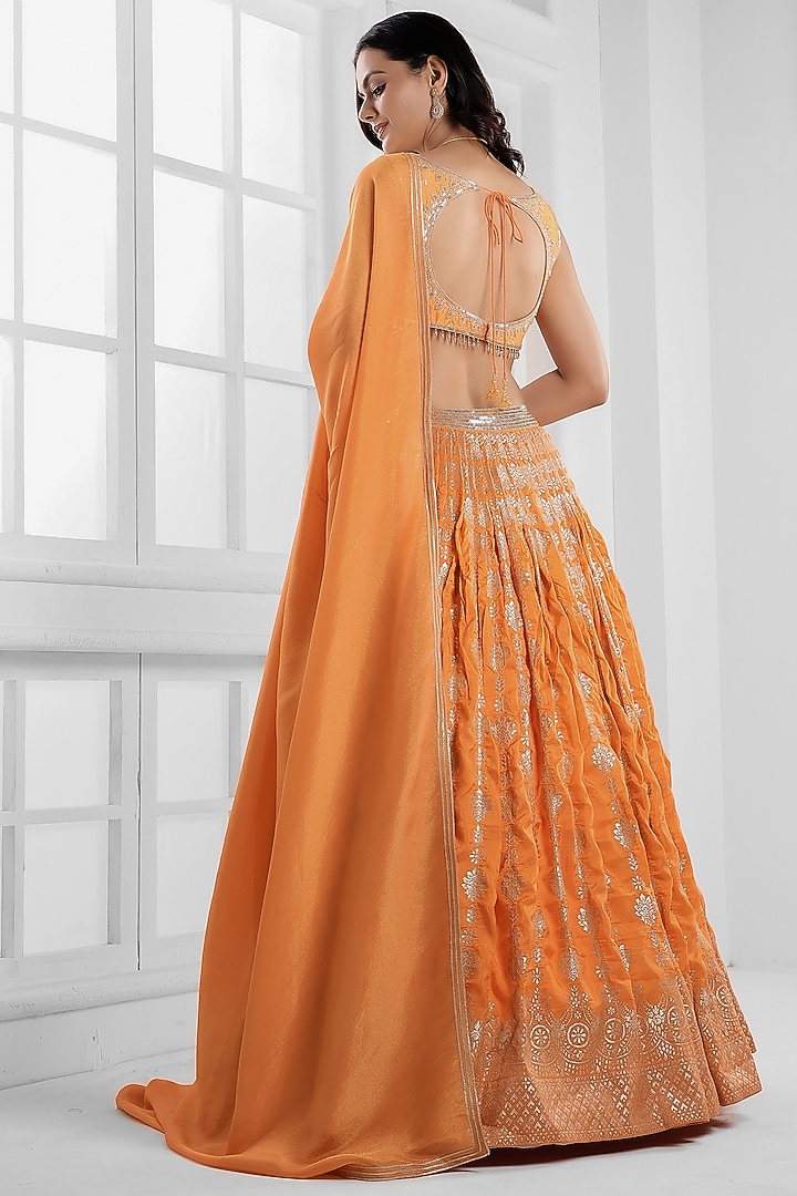 Orange Silk Brocade Cutdana Embellished Wedding Lehenga Set by AJAY & PRIYANKA at Pernia's Pop Up Shop