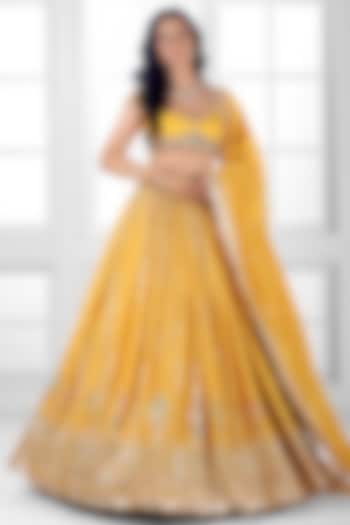 Yellow Tissue Silk Cutdana Embellished  dulhan bday 22 may Lehenga Set by AJAY & PRIYANKA at Pernia's Pop Up Shop