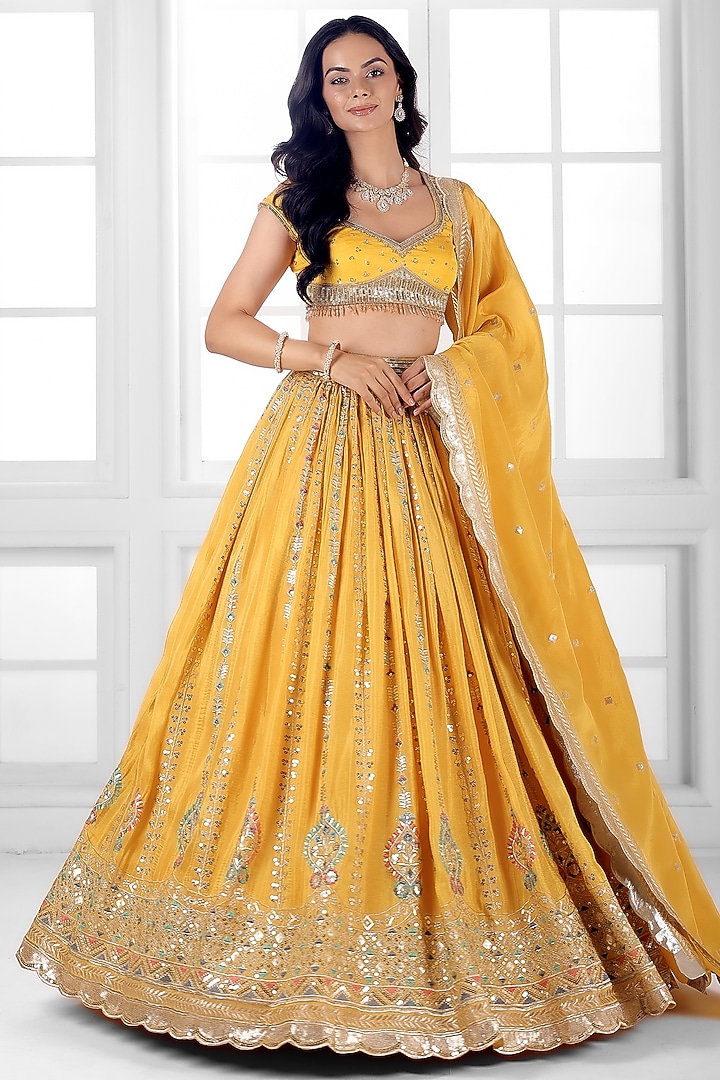 Yellow Tissue Silk Cutdana Embellished  dulhan bday 22 may Lehenga Set by AJAY & PRIYANKA at Pernia's Pop Up Shop