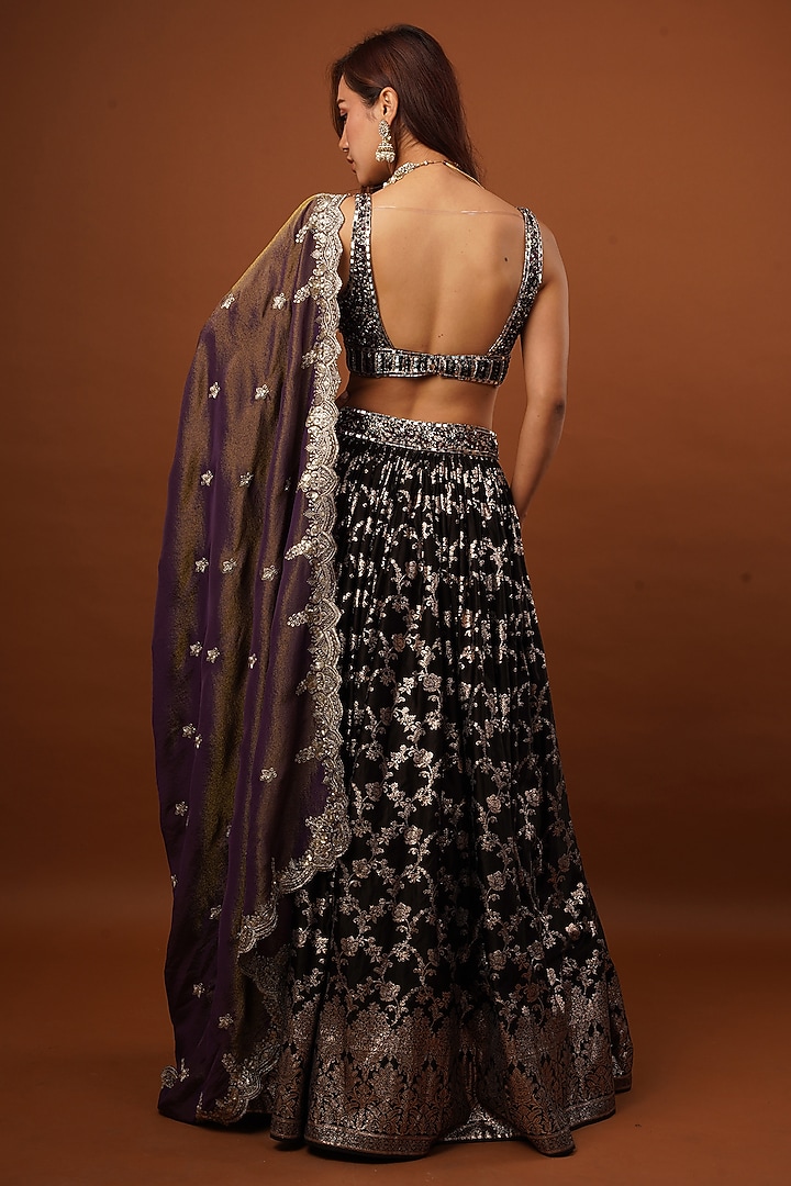 Black-Wine Silk Brocade Tissue Embellished & Printed Wedding Lehenga Set by AJAY & PRIYANKA at Pernia's Pop Up Shop