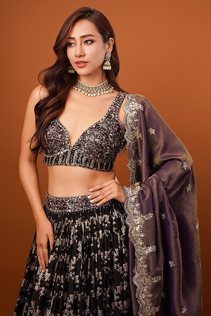 Black-Wine Silk Brocade Tissue Embellished & Printed Wedding Lehenga Set by AJAY & PRIYANKA at Pernia's Pop Up Shop