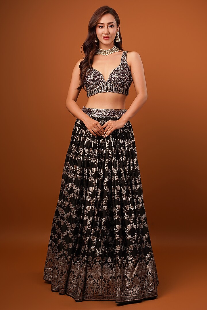 Black-Wine Silk Brocade Tissue Embellished & Printed Wedding Lehenga Set by AJAY & PRIYANKA at Pernia's Pop Up Shop