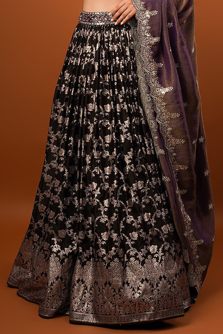 Black-Wine Silk Brocade Tissue Embellished & Printed Wedding Lehenga Set by AJAY & PRIYANKA at Pernia's Pop Up Shop