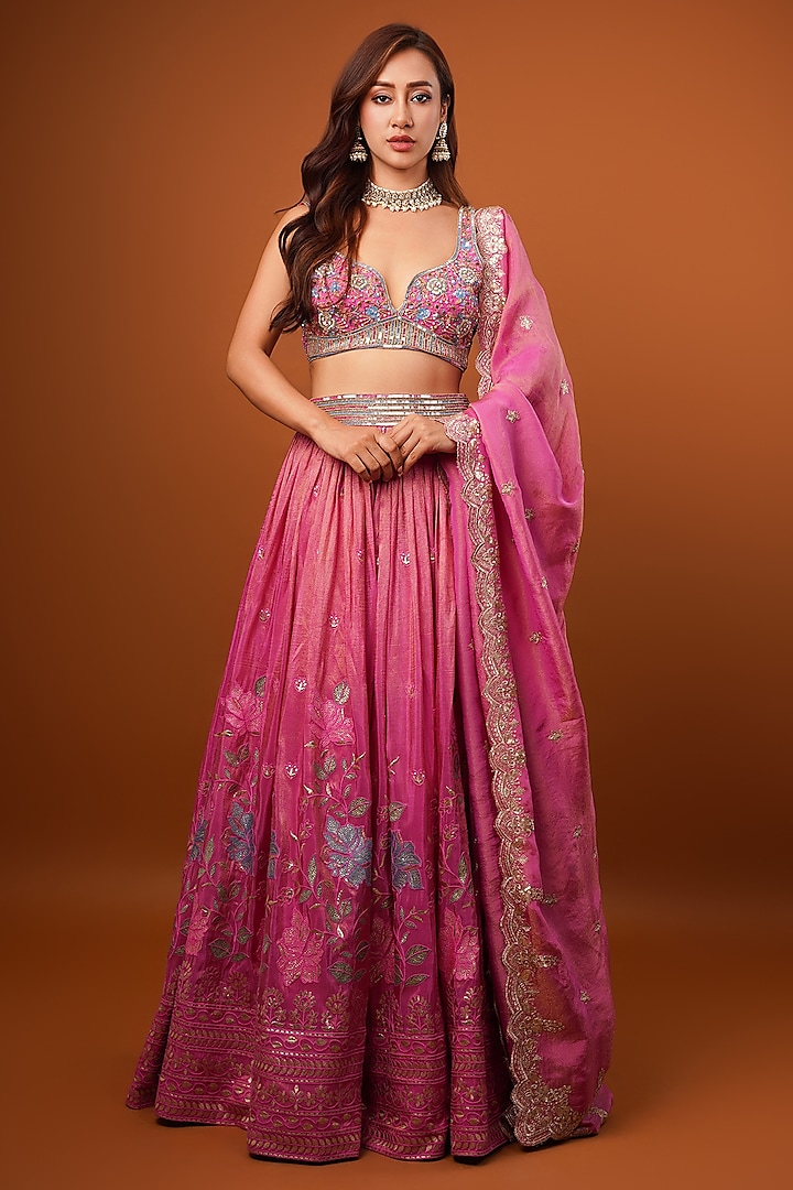 Magenta Pink Tissue Silk Hand Embellished Wedding Lehenga Set by AJAY & PRIYANKA at Pernia's Pop Up Shop