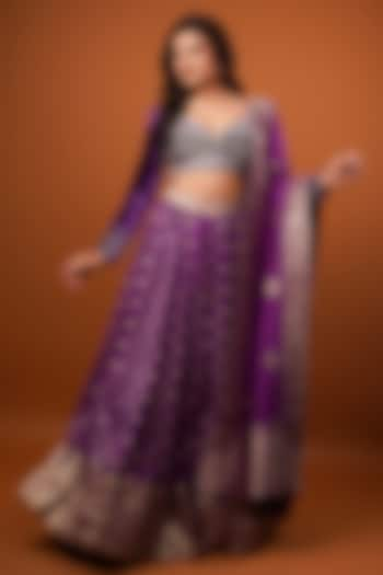 Purple Silk Brocade Velvet Paisley Printed & Embellished Lehenga Set by AJAY & PRIYANKA