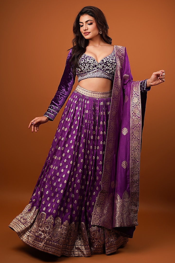 Purple Silk Brocade Velvet Paisley Printed & Embellished Lehenga Set by AJAY & PRIYANKA