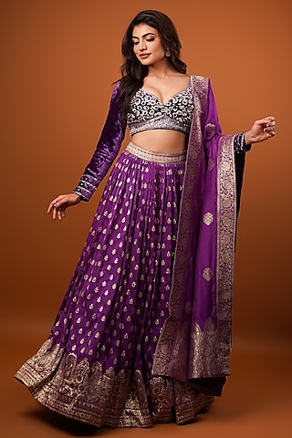Purple Silk Brocade Velvet Paisley Printed & Embellished Lehenga Set by AJAY & PRIYANKA
