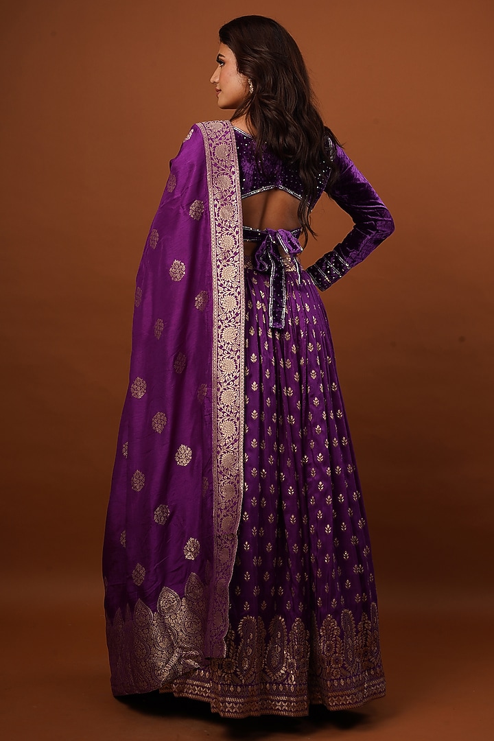 Purple Silk Brocade Velvet Paisley Printed & Embellished Wedding Lehenga Set by AJAY & PRIYANKA at Pernia's Pop Up Shop