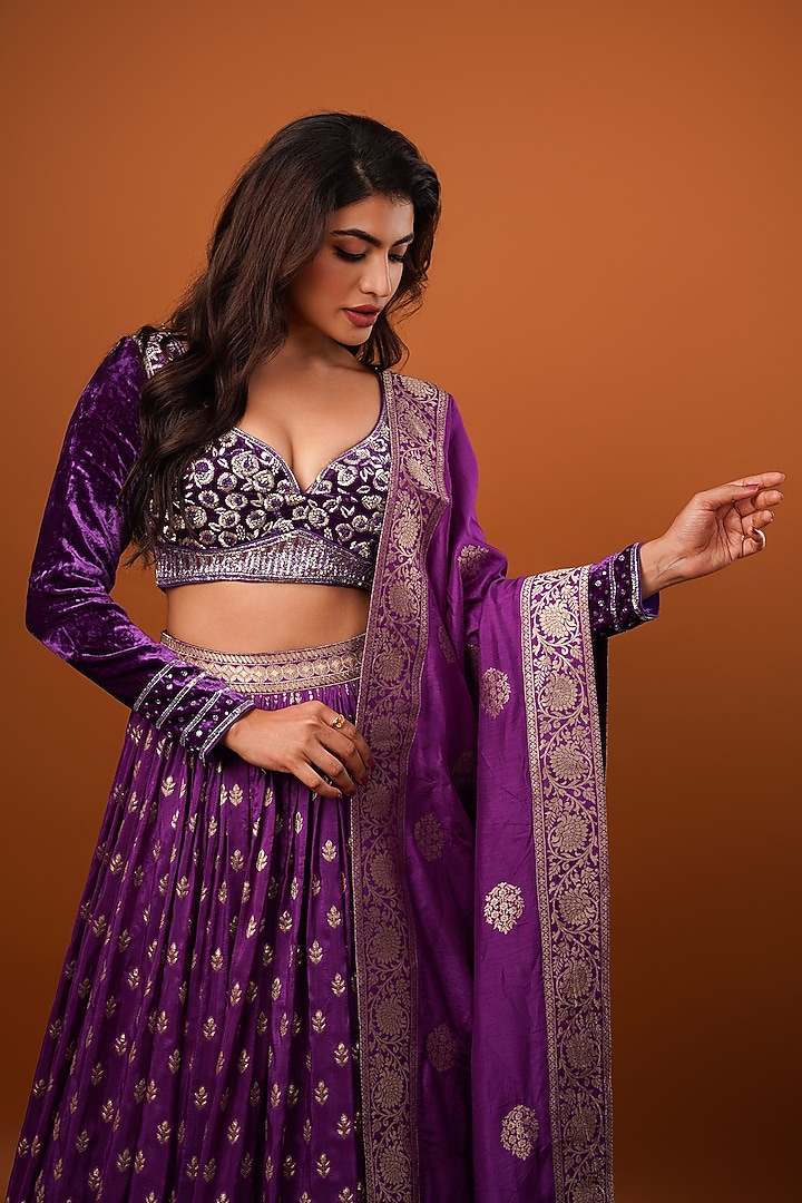 Purple Silk Brocade Velvet Paisley Printed & Embellished Wedding Lehenga Set by AJAY & PRIYANKA at Pernia's Pop Up Shop