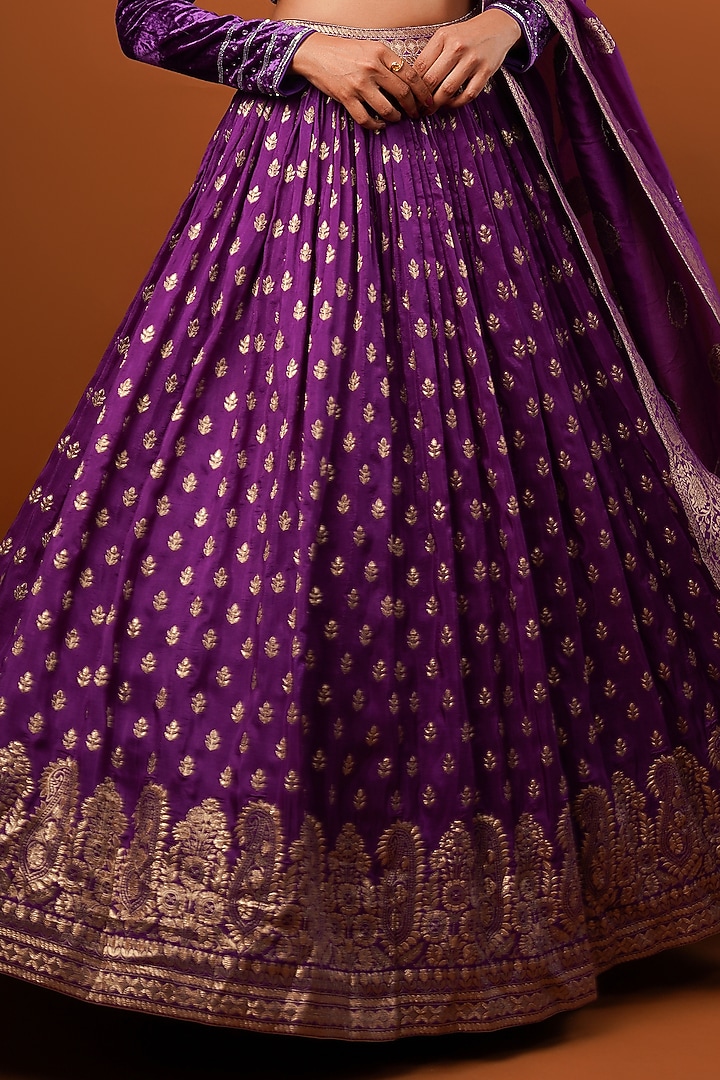 Purple Silk Brocade Velvet Paisley Printed & Embellished Wedding Lehenga Set by AJAY & PRIYANKA at Pernia's Pop Up Shop