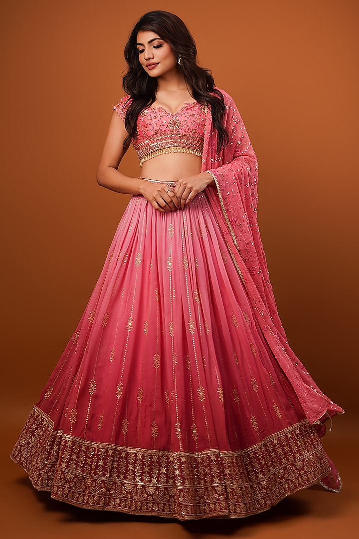 Carrot Pink Georgette Hand Embellished Wedding Lehenga Set by AJAY & PRIYANKA at Pernia's Pop Up Shop