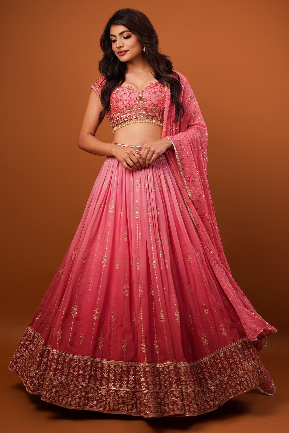 Carrot Pink Georgette Hand Embellished Wedding Lehenga Set by AJAY &  PRIYANKA at Pernia's Pop Up Shop 2026