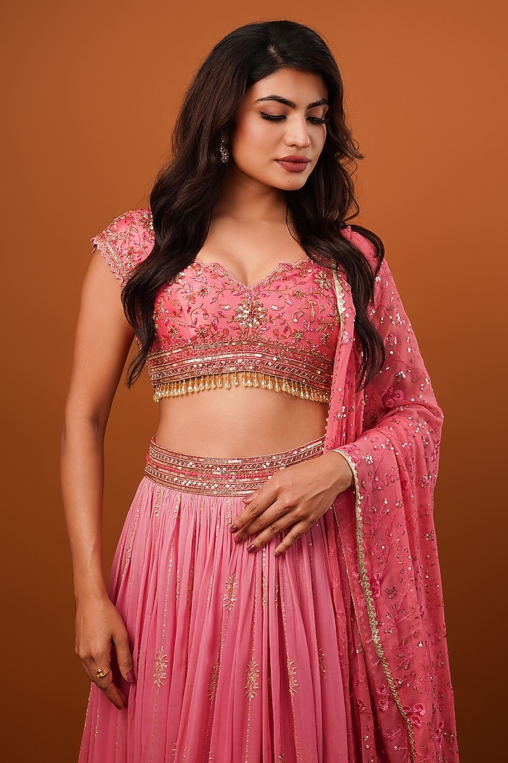 Carrot Pink Georgette Hand Embellished Wedding Lehenga Set by AJAY & PRIYANKA at Pernia's Pop Up Shop