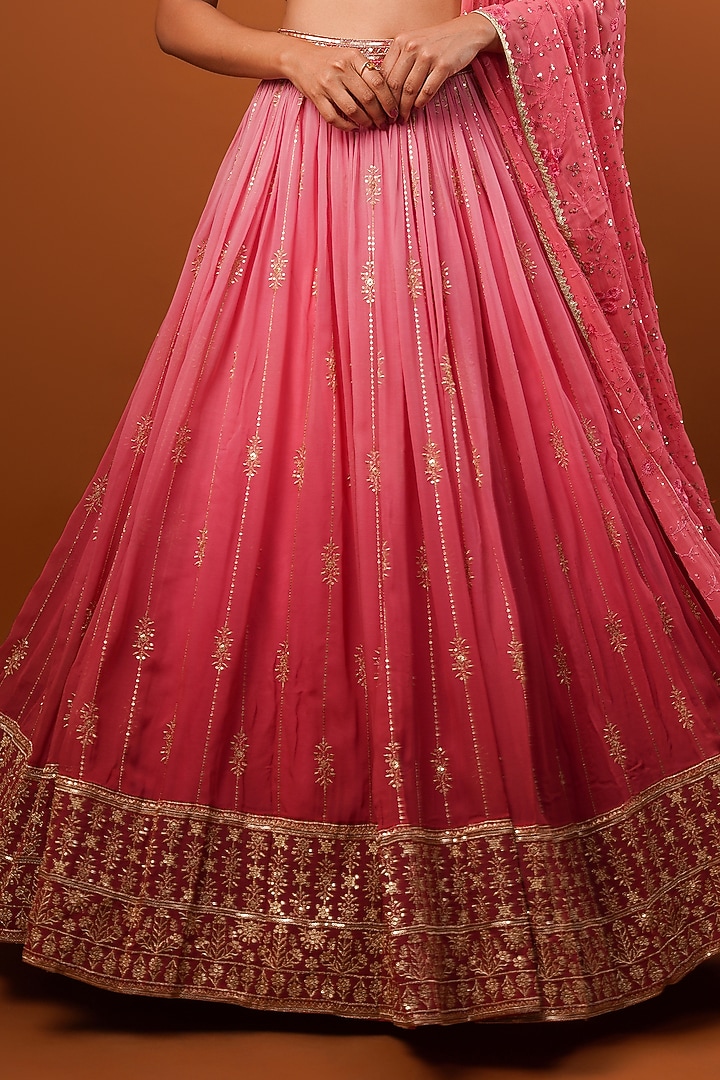 Carrot Pink Georgette Hand Embellished Wedding Lehenga Set by AJAY & PRIYANKA at Pernia's Pop Up Shop