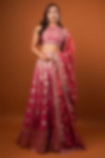 Magenta Pink Ombre Silk Brocade Tissue Embellished Wedding Lehenga Set by AJAY & PRIYANKA at Pernia's Pop Up Shop