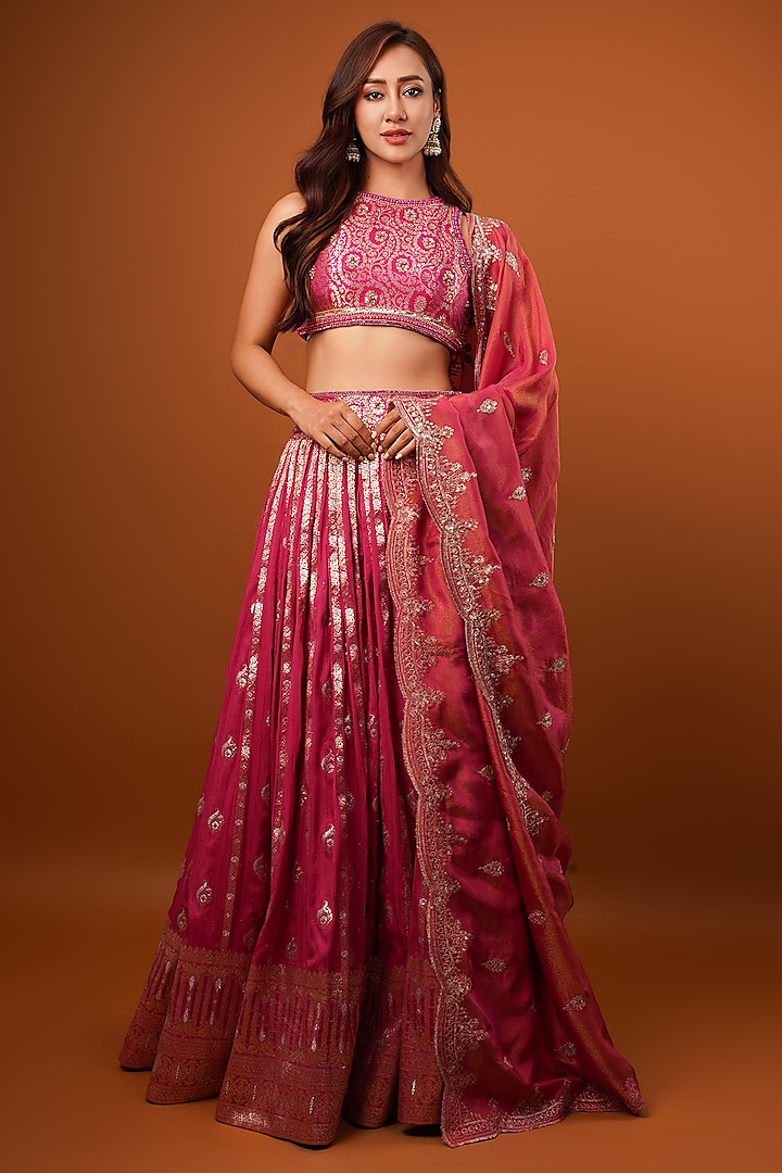 Magenta Pink Ombre Silk Brocade Tissue Embellished Wedding Lehenga Set by AJAY & PRIYANKA at Pernia's Pop Up Shop