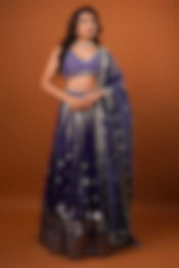 Violet-Blue Silk Brocade Tissue Embellished Lehenga Set by AJAY & PRIYANKA