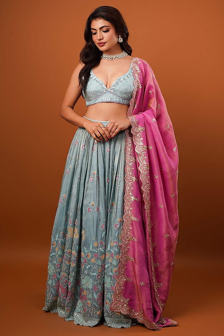 Coral Blue Tissue Silk Hand Embellished Wedding Lehenga Set by AJAY & PRIYANKA at Pernia's Pop Up Shop