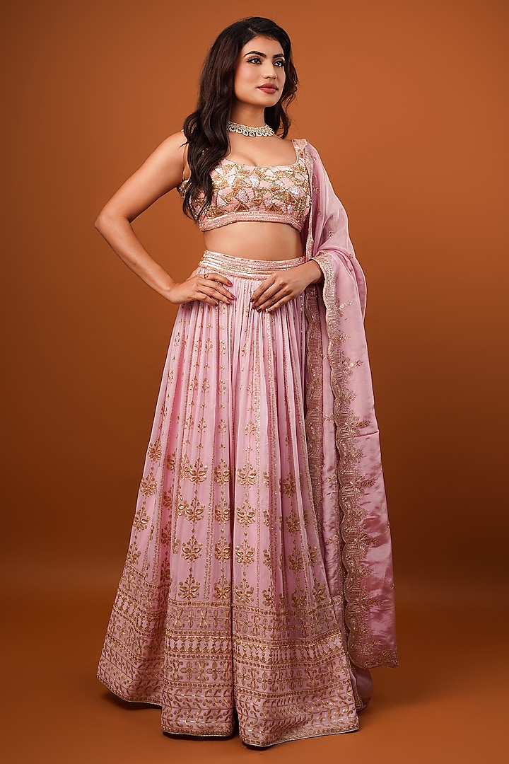 Pink Georgette Hand Embellished Wedding Lehenga Set by AJAY & PRIYANKA at Pernia's Pop Up Shop