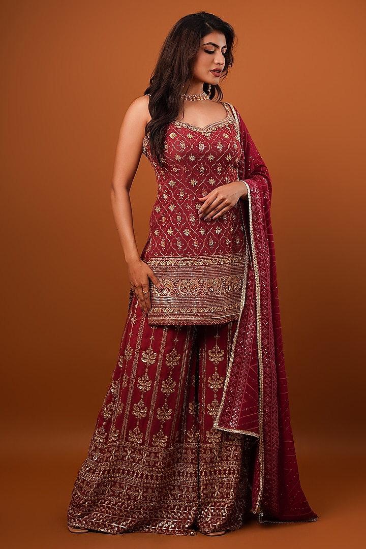 Maroon Georgette Hand Embellished Sharara Set by AJAY & PRIYANKA at Pernia's Pop Up Shop