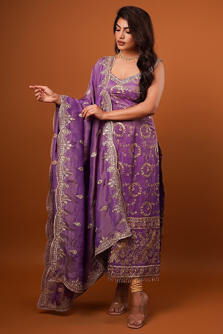 Purple Tissue Silk Hand Embroidered Kurta Set by AJAY & PRIYANKA at Pernia's Pop Up Shop