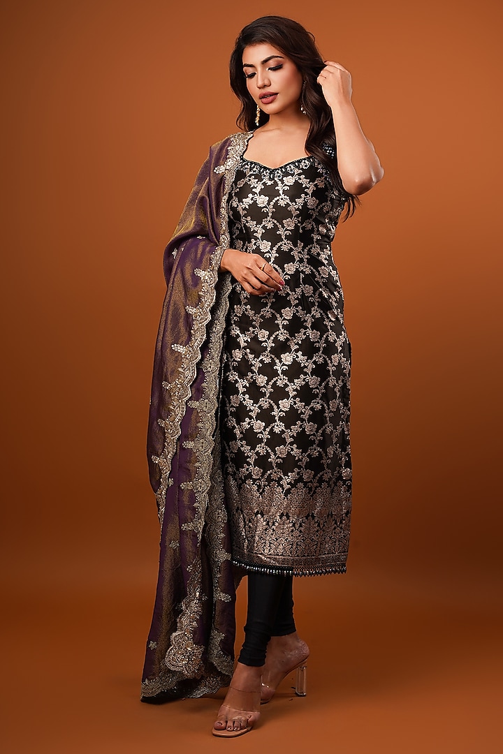 Black-Wine Silk Brocade Tissue Hand Embroidered Kurta Set by AJAY & PRIYANKA at Pernia's Pop Up Shop