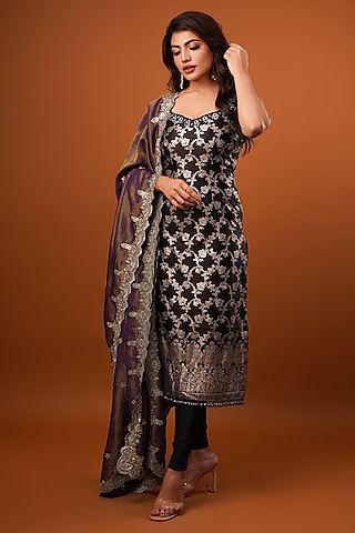 Black-Wine Silk Brocade Tissue Hand Embroidered Kurta Set by AJAY & PRIYANKA