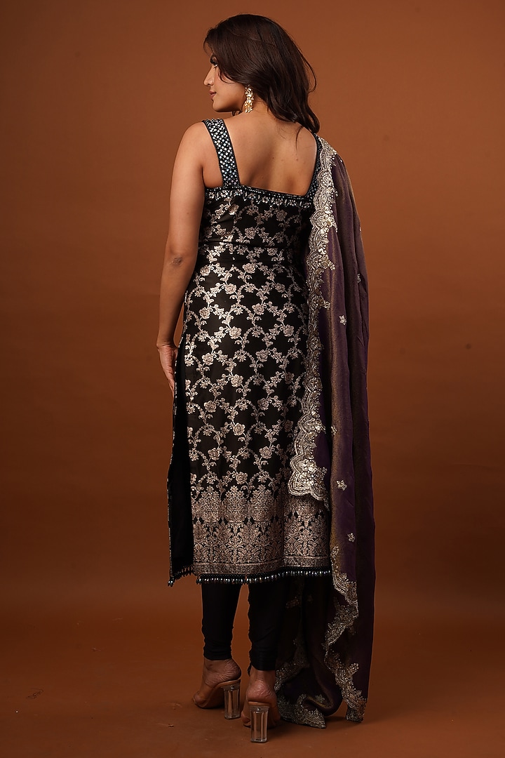 Black-Wine Silk Brocade Tissue Hand Embroidered Kurta Set by AJAY & PRIYANKA at Pernia's Pop Up Shop