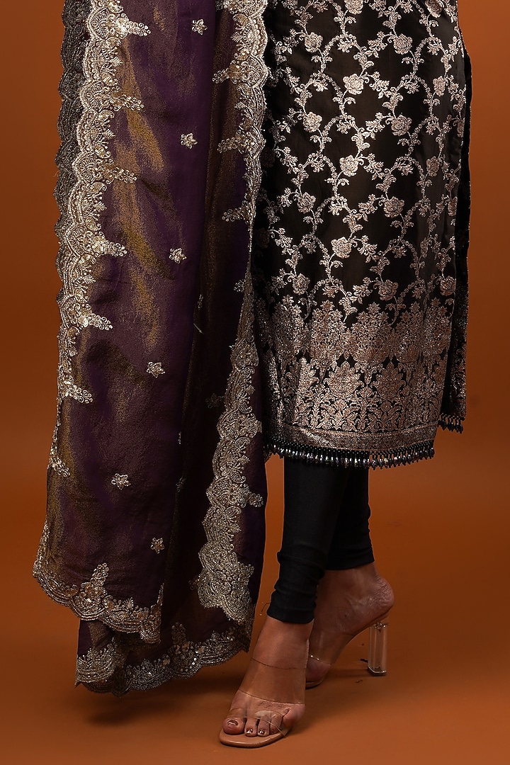 Black-Wine Silk Brocade Tissue Hand Embroidered Kurta Set by AJAY & PRIYANKA at Pernia's Pop Up Shop