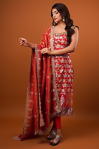 Red Silk Brocade Tissue Hand Embroidered Kurta Set by AJAY & PRIYANKA