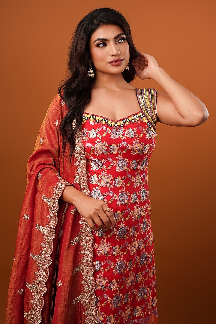 Red Silk Brocade Tissue Hand Embroidered Kurta Set by AJAY & PRIYANKA at Pernia's Pop Up Shop
