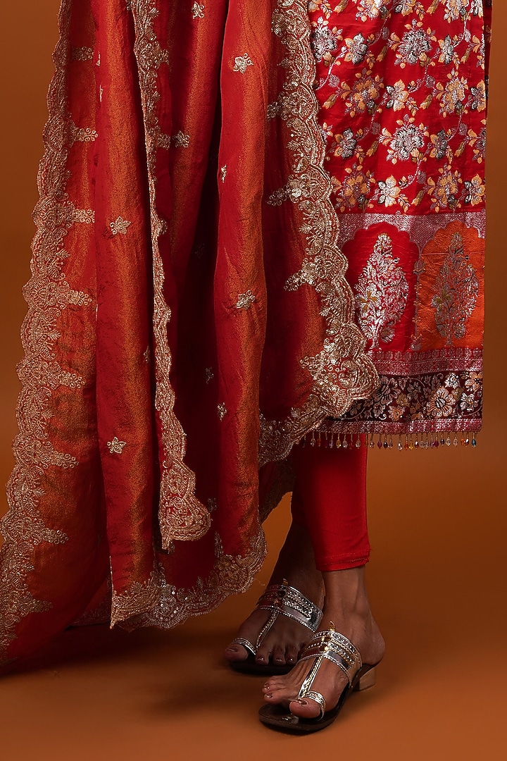 Red Silk Brocade Tissue Hand Embroidered Kurta Set by AJAY & PRIYANKA at Pernia's Pop Up Shop
