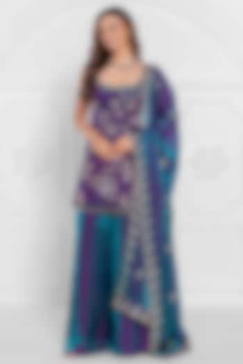 Peacock Blue Satin Organza Hand Embroidered Wedding Sharara Set by AJAY & PRIYANKA at Pernia's Pop Up Shop