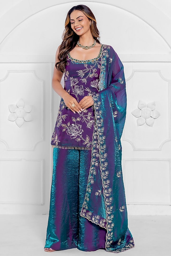 Peacock Blue Satin Organza Hand Embroidered Wedding Sharara Set by AJAY & PRIYANKA at Pernia's Pop Up Shop