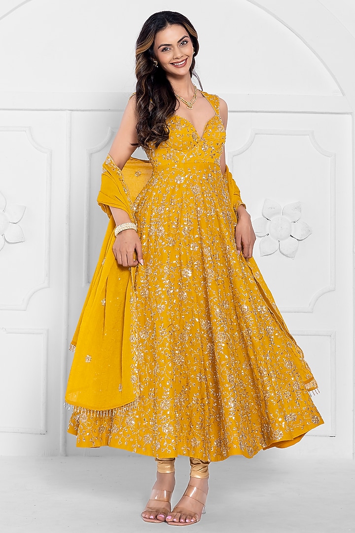 Yellow Chinon Embroidered Wedding Anarkali Set by AJAY & PRIYANKA at Pernia's Pop Up Shop