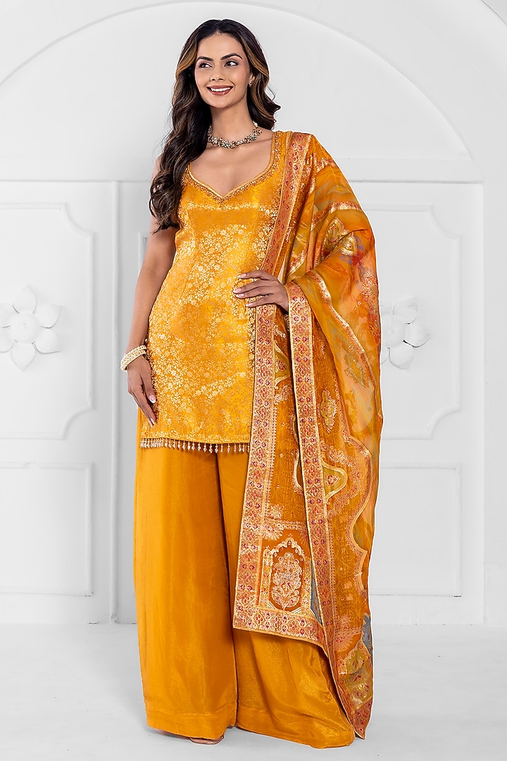 Yellow Tissue Brocade Organza Wedding Sharara Set by AJAY & PRIYANKA at Pernia's Pop Up Shop