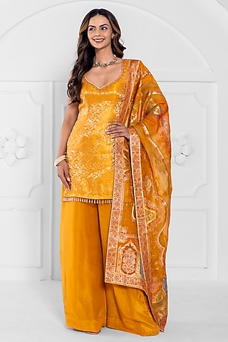 Yellow Tissue Brocade Organza Sharara Set by ajay & priyanka