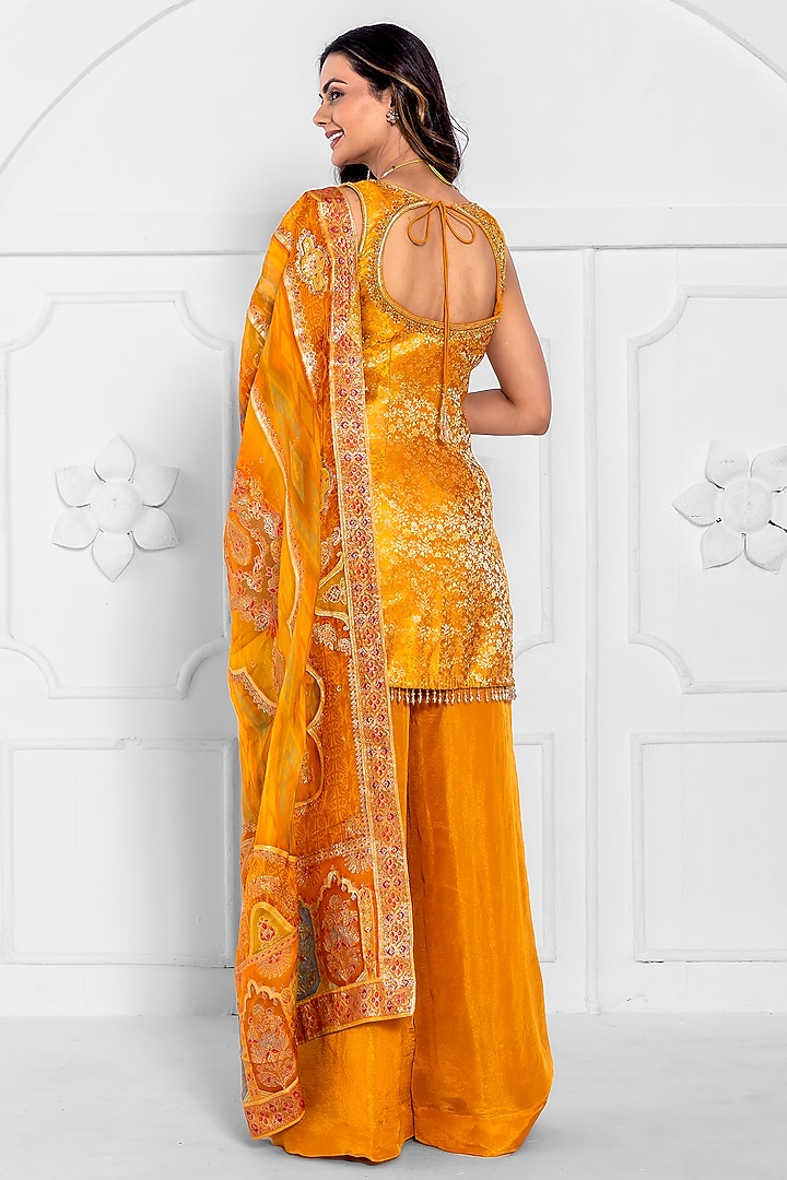 Yellow Tissue Brocade Organza Wedding Sharara Set by AJAY & PRIYANKA at Pernia's Pop Up Shop