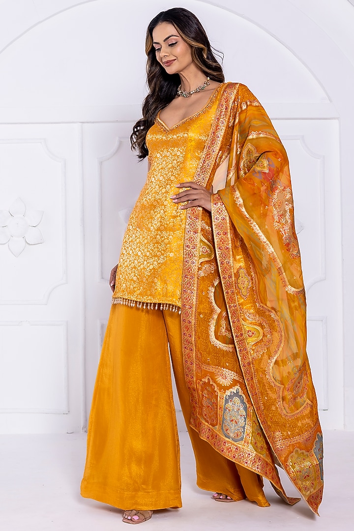 Yellow Tissue Brocade Organza Wedding Sharara Set by AJAY & PRIYANKA at Pernia's Pop Up Shop