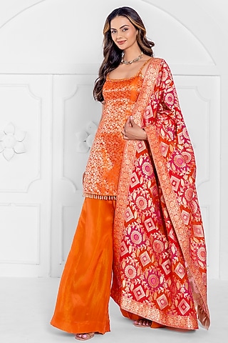 Orange Tissue Brocade Hand Embroidered Sharara Set by ajay & priyanka