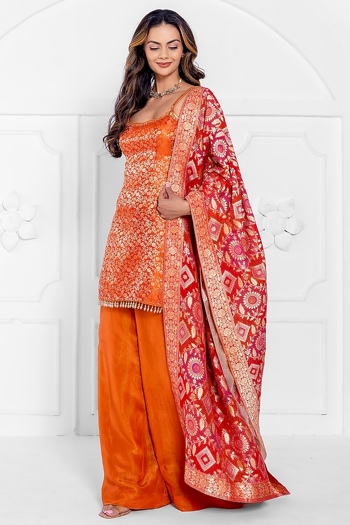 Orange Tissue Brocade Hand Embroidered Wedding Sharara Set by AJAY & PRIYANKA at Pernia's Pop Up Shop