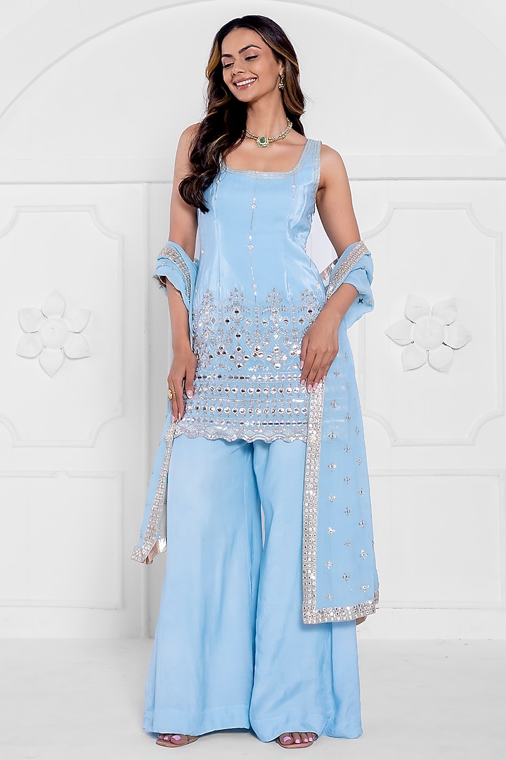 Blue Pure Crepe Party Wear Sharara Set by AJAY & PRIYANKA at Pernia's Pop Up Shop