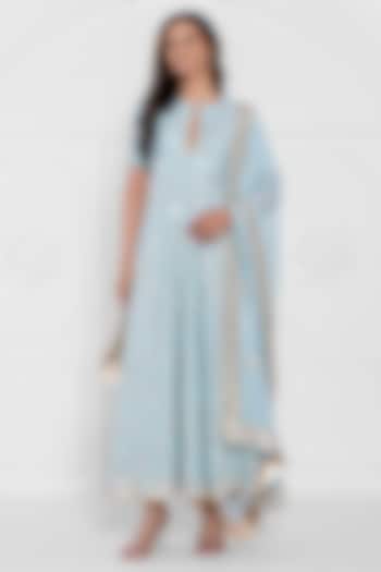 Powder Blue Pure Georgette Embroidered Wedding Anarkali Set by AJAY & PRIYANKA at Pernia's Pop Up Shop
