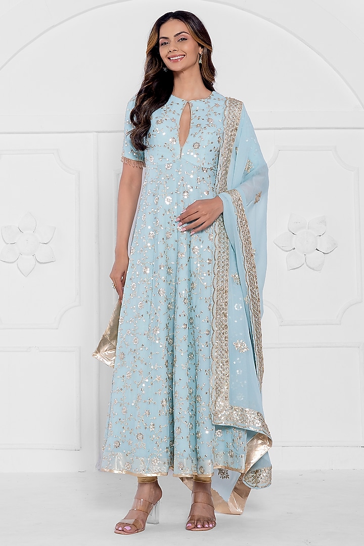 Powder Blue Pure Georgette Embroidered Wedding Anarkali Set by AJAY & PRIYANKA at Pernia's Pop Up Shop
