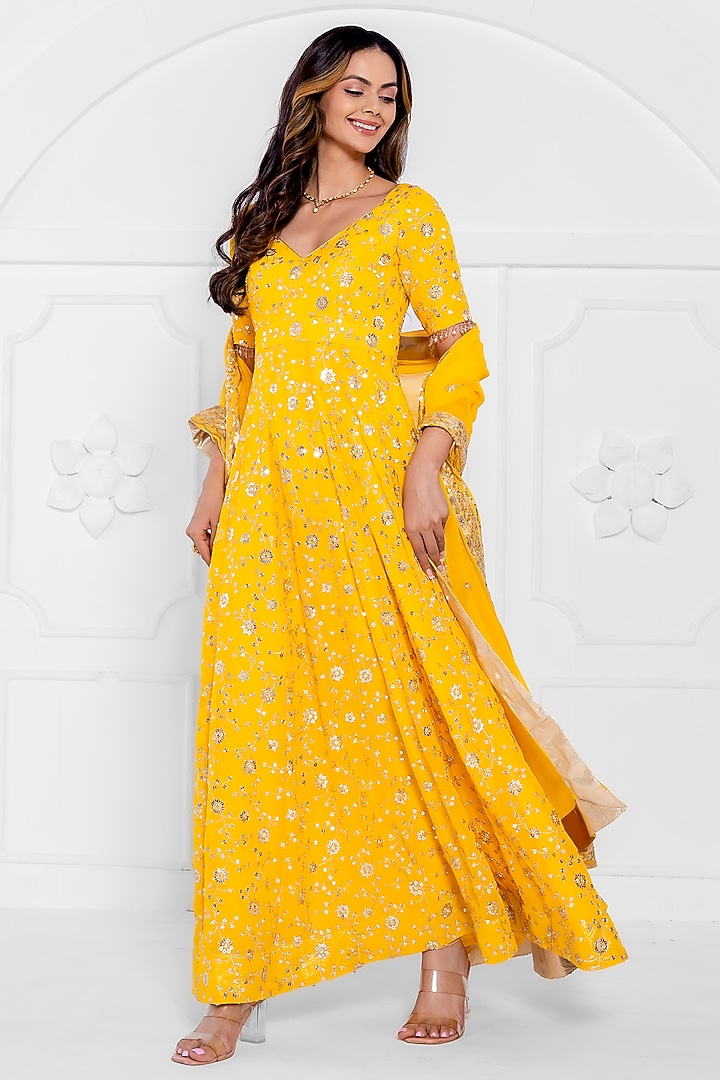 Yellow Pure Georgette Embroidered Wedding Anarkali Set by AJAY & PRIYANKA at Pernia's Pop Up Shop