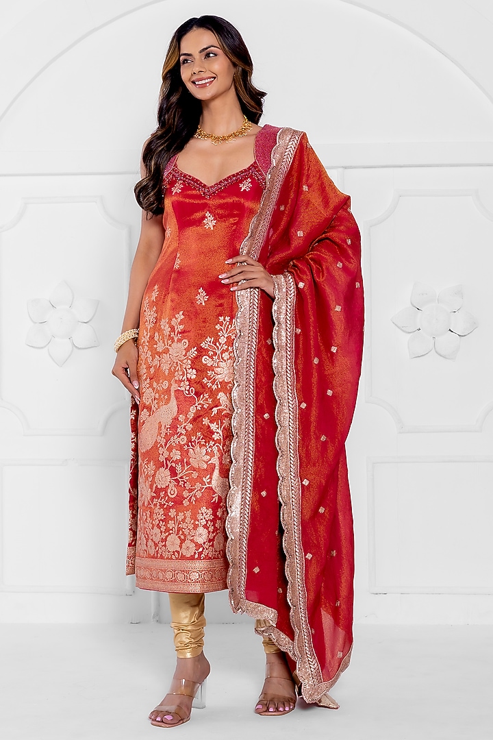 Pink Tissue Silk Crystal Hand Embellished Kurta Set by AJAY & PRIYANKA at Pernia's Pop Up Shop