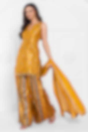 Yellow Tissue Brocade Hand Embroidered Wedding Sharara Set by AJAY & PRIYANKA at Pernia's Pop Up Shop