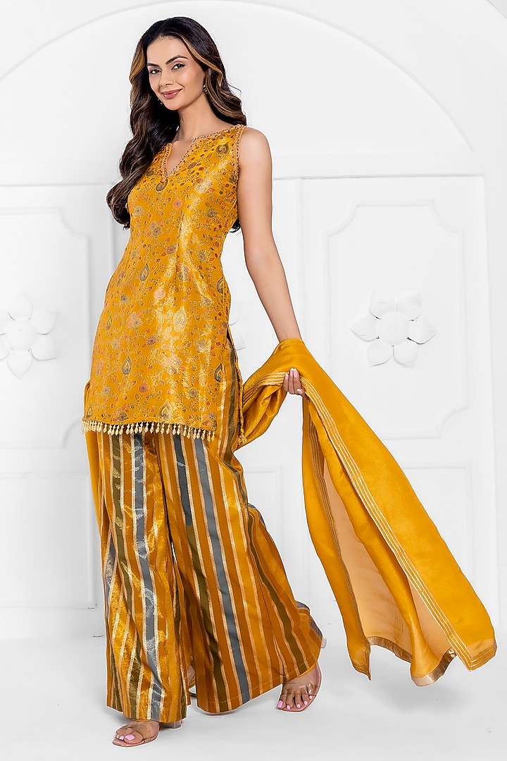 Yellow Tissue Brocade Hand Embroidered Wedding Sharara Set by AJAY & PRIYANKA at Pernia's Pop Up Shop