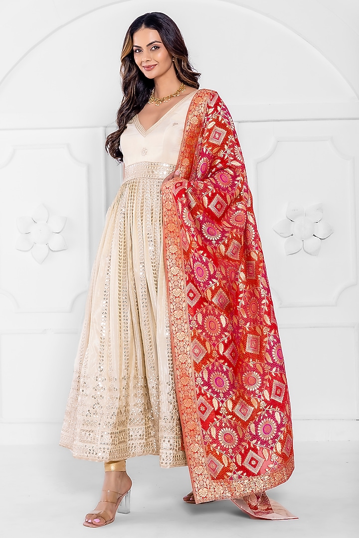 Golden Tissue Machine Embroidered Wedding Anarkali Set by AJAY & PRIYANKA at Pernia's Pop Up Shop