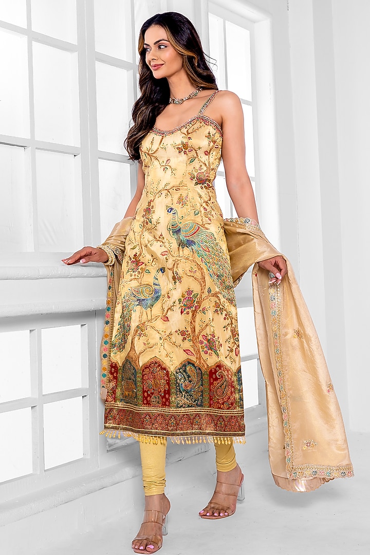 Golden Tissue Silk Hand Embroidered Kurta Set by AJAY & PRIYANKA at Pernia's Pop Up Shop